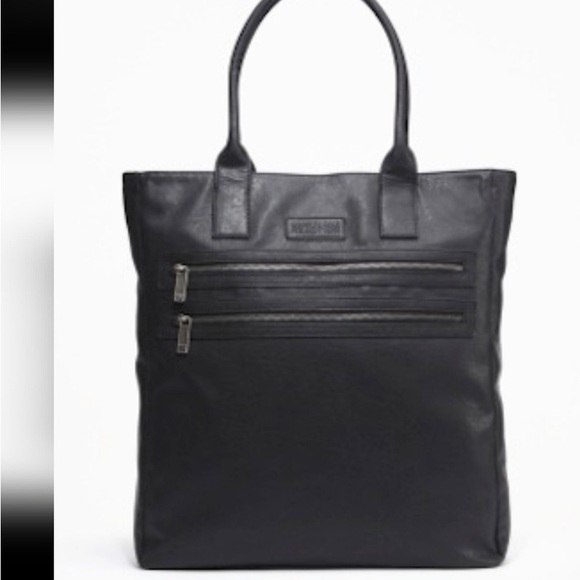 Black Leather Men's Tote Bag with Dual Zip Pockets